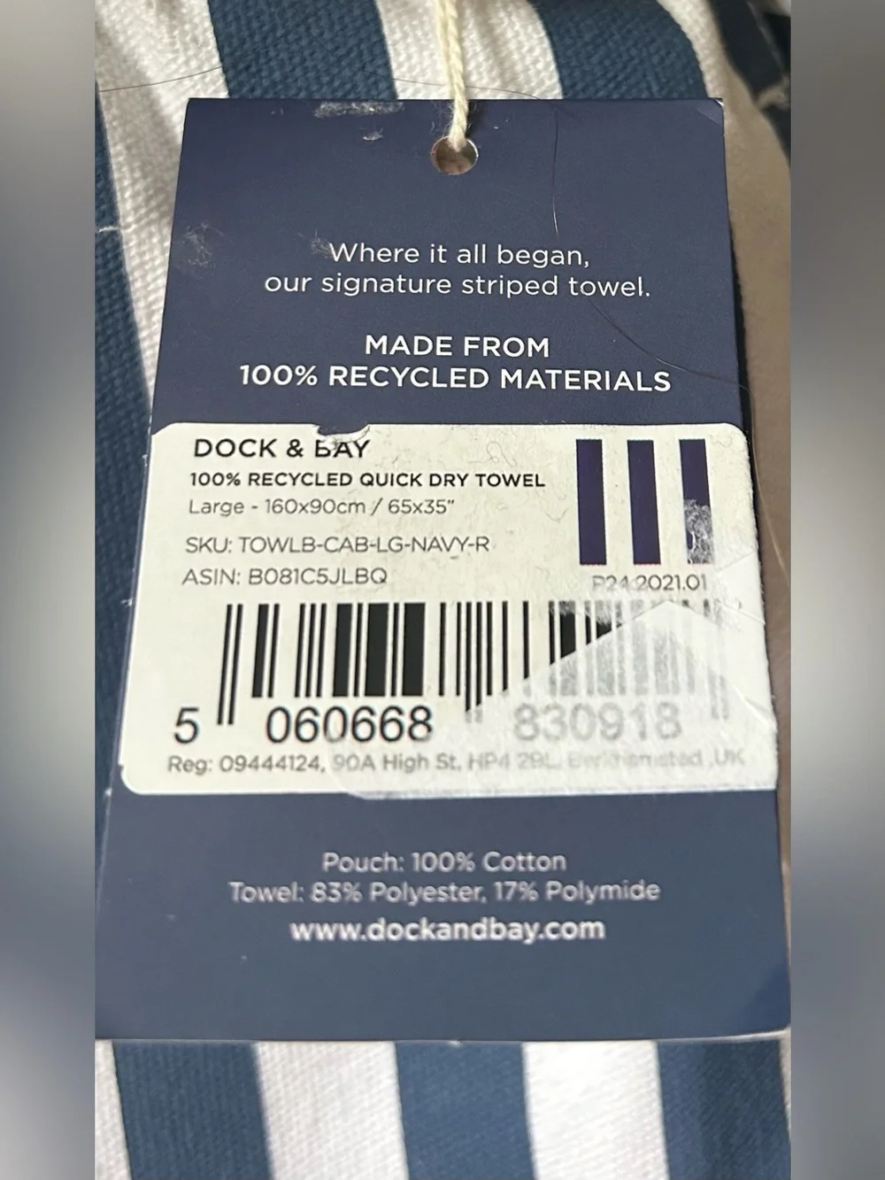 Dock& Bay 100% recycled quick dry towel .
